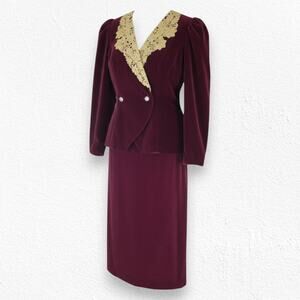 Vintage 80s Burgundy Velvet Gold Lace Trim Power Suit Blazer Skirt Size Medium